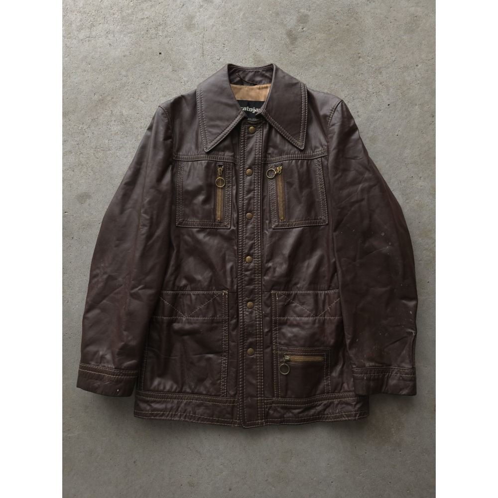 Vintage 1970s Stratojac Brown‎ Leather Glam Disco Jacket Talon Zips M 38